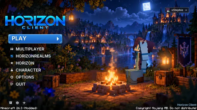 In-game title screen: Horizon&rsquo;s own title screen, with your character roasting marshmallows.